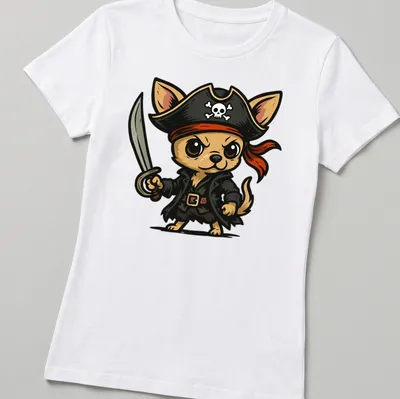 Kawaii cartoon Pirate Chihuahua holding a sword in brown, black, red, and white — printed on a women's shirt