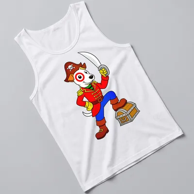Cartoon pirate dog in a playful pose, wearing an eyepatch and hat in vibrant colors — printed on a tank top