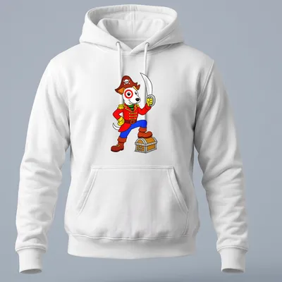 Cartoon pirate dog in a playful pose, wearing an eyepatch and hat in vibrant colors — printed on a unisex hoodie