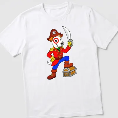 Cartoon pirate dog in a playful pose, wearing an eyepatch and hat in vibrant colors
