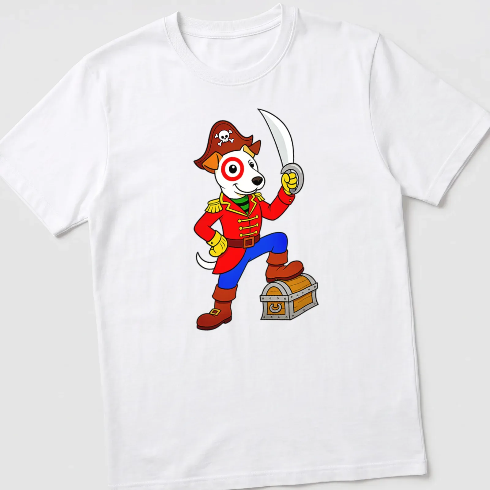 Cartoon pirate dog in a playful pose, wearing an eyepatch and hat in vibrant colors — printed on a unisex t-shirt
