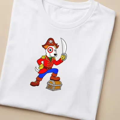 Cartoon pirate dog in a playful pose, wearing an eyepatch and hat in vibrant colors — printed on a women's shirt