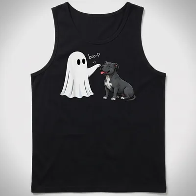 Cartoon Pit Bull with a ghost nose and 'boo-P' text for Halloween — printed on a tank top