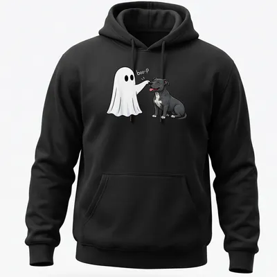 Cartoon Pit Bull with a ghost nose and 'boo-P' text for Halloween — printed on a unisex hoodie