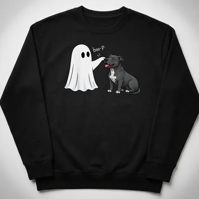 Cartoon Pit Bull with a ghost nose and 'boo-P' text for Halloween — printed on a unisex sweatshirt