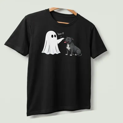 Cartoon Pit Bull with a ghost nose and 'boo-P' text for Halloween — printed on a unisex t-shirt (angled view)
