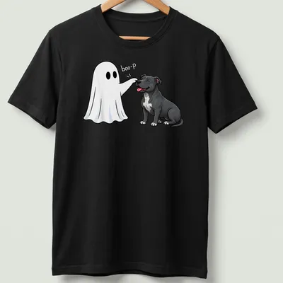 Cartoon Pit Bull with a ghost nose and 'boo-P' text for Halloween