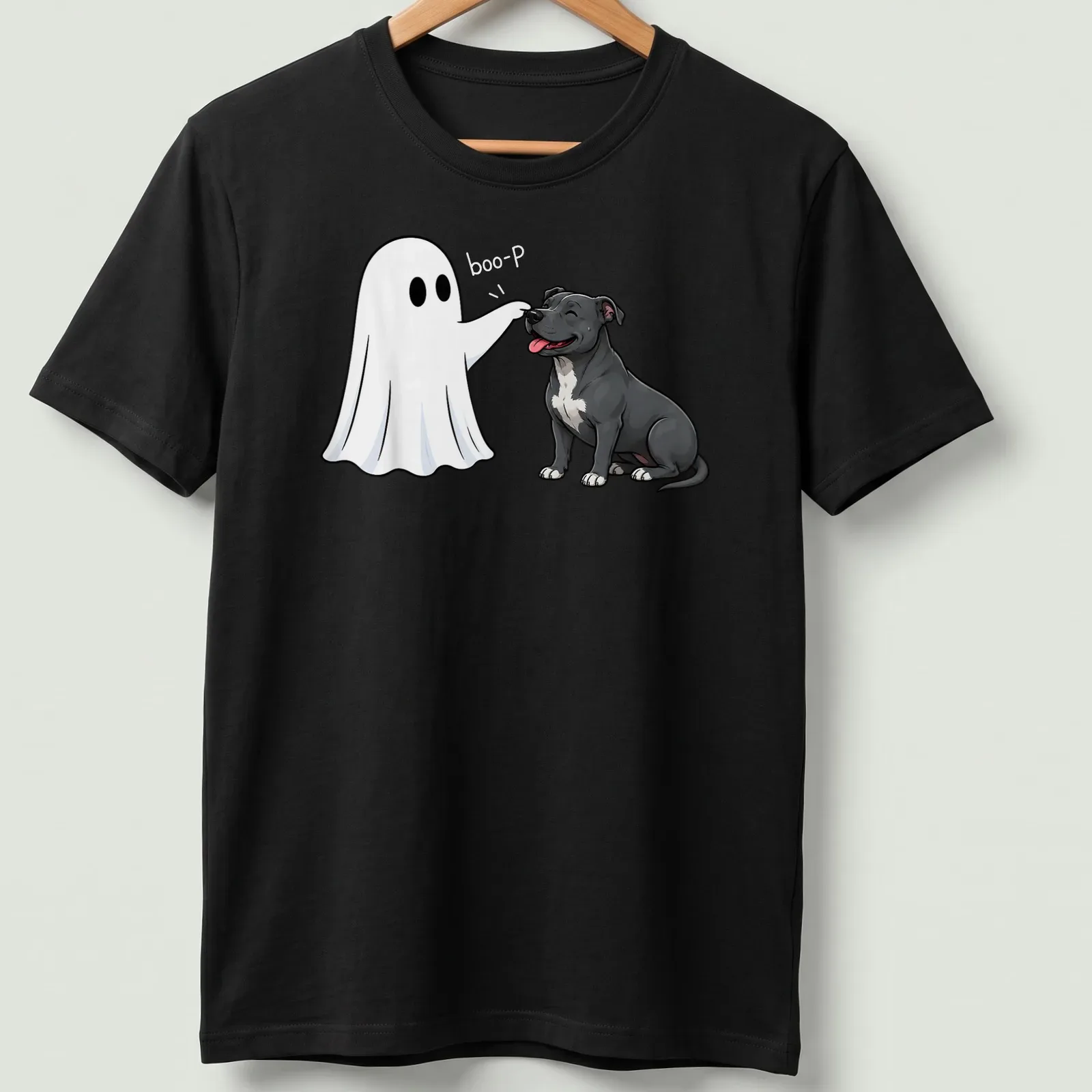 Cartoon Pit Bull with a ghost nose and 'boo-P' text for Halloween — printed on a unisex t-shirt