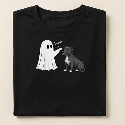 Cartoon Pit Bull with a ghost nose and 'boo-P' text for Halloween — printed on a women's shirt