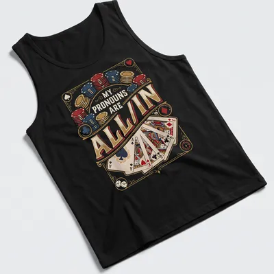 Vintage casino-style t-shirt featuring poker-themed pronouns in bold text — printed on a tank top