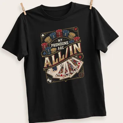 Vintage casino-style t-shirt featuring poker-themed pronouns in bold text
