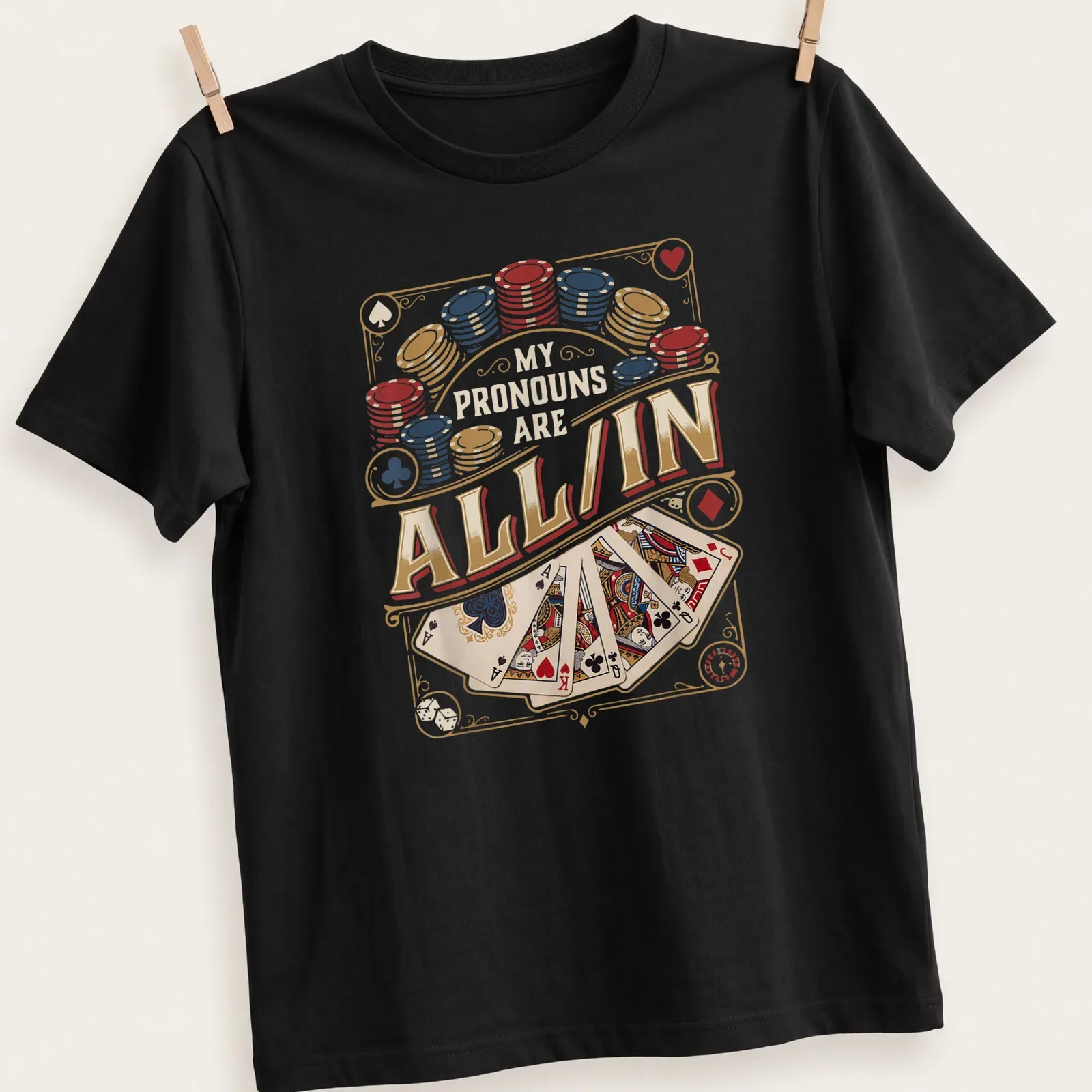 Vintage casino-style t-shirt featuring poker-themed pronouns in bold text — printed on a unisex t-shirt