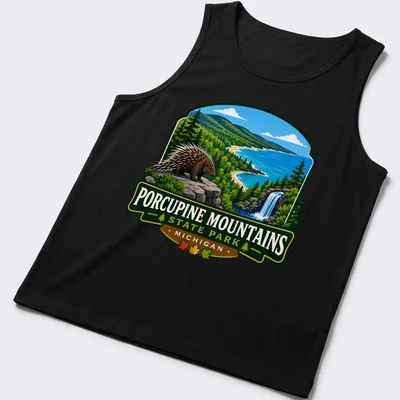 Vibrant landscape T-shirt featuring Porcupine Mountains State Park in Michigan — printed on a tank top