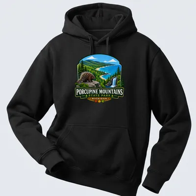 Vibrant landscape T-shirt featuring Porcupine Mountains State Park in Michigan — printed on a unisex hoodie
