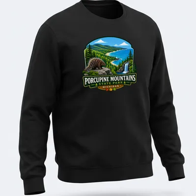 Vibrant landscape T-shirt featuring Porcupine Mountains State Park in Michigan — printed on a unisex sweatshirt