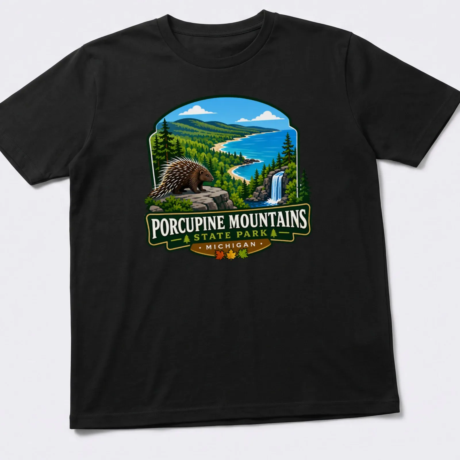Vibrant landscape T-shirt featuring Porcupine Mountains State Park in Michigan — printed on a unisex t-shirt