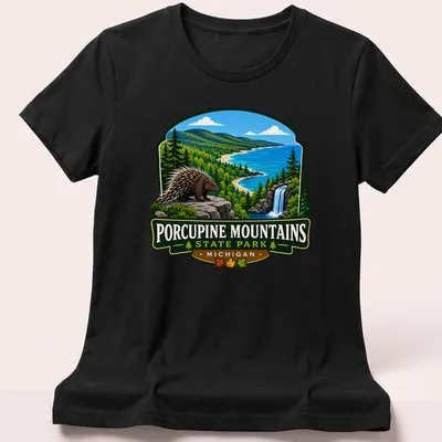 Vibrant landscape T-shirt featuring Porcupine Mountains State Park in Michigan — printed on a women's shirt
