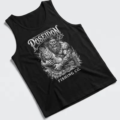Vintage illustration of Poseidon holding a fish with Poseidon Fishing Co. text — printed on a tank top