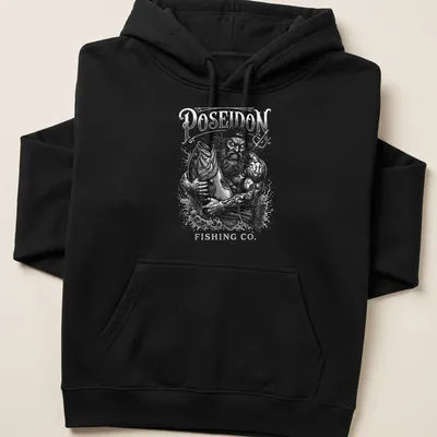 Vintage illustration of Poseidon holding a fish with Poseidon Fishing Co. text — printed on a unisex hoodie