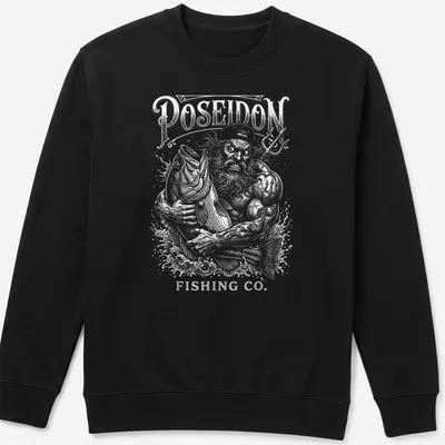 Vintage illustration of Poseidon holding a fish with Poseidon Fishing Co. text — printed on a unisex sweatshirt