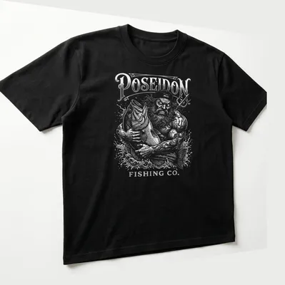 Vintage illustration of Poseidon holding a fish with Poseidon Fishing Co. text — printed on a unisex t-shirt (angled view)