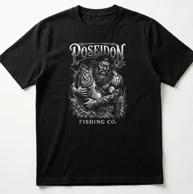 Vintage illustration of Poseidon holding a fish with Poseidon Fishing Co. text