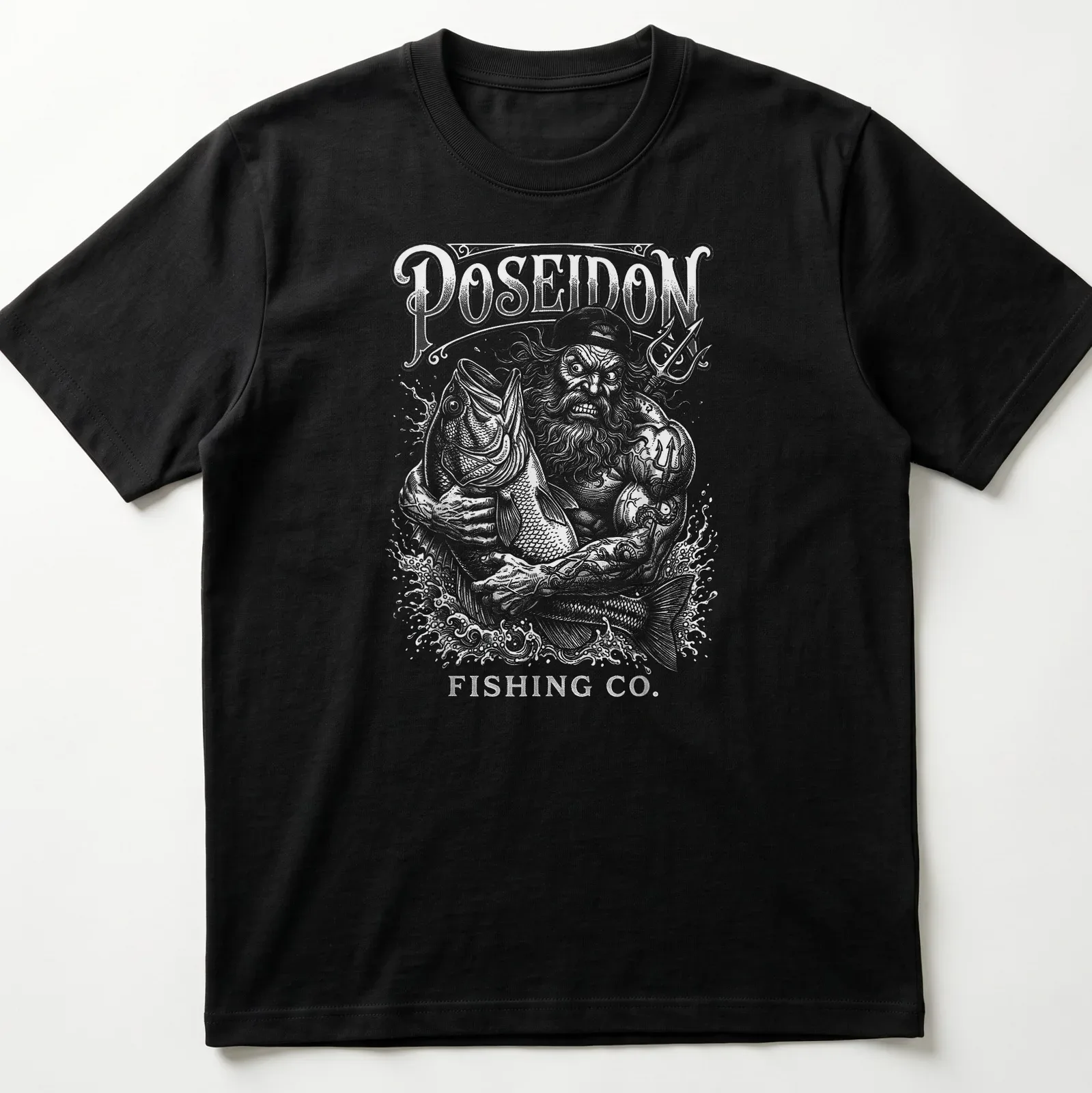 Vintage illustration of Poseidon holding a fish with Poseidon Fishing Co. text — printed on a unisex t-shirt