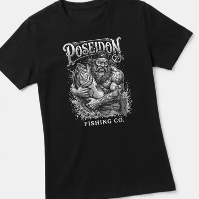 Vintage illustration of Poseidon holding a fish with Poseidon Fishing Co. text — printed on a women's shirt