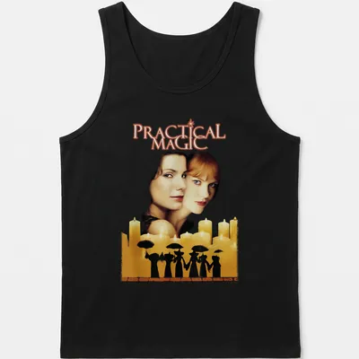 Illustration of Practical Magic movie cover with gold, black, brown, and white colors — printed on a tank top