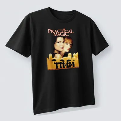 Illustration of Practical Magic movie cover with gold, black, brown, and white colors — printed on a unisex t-shirt (angled view)