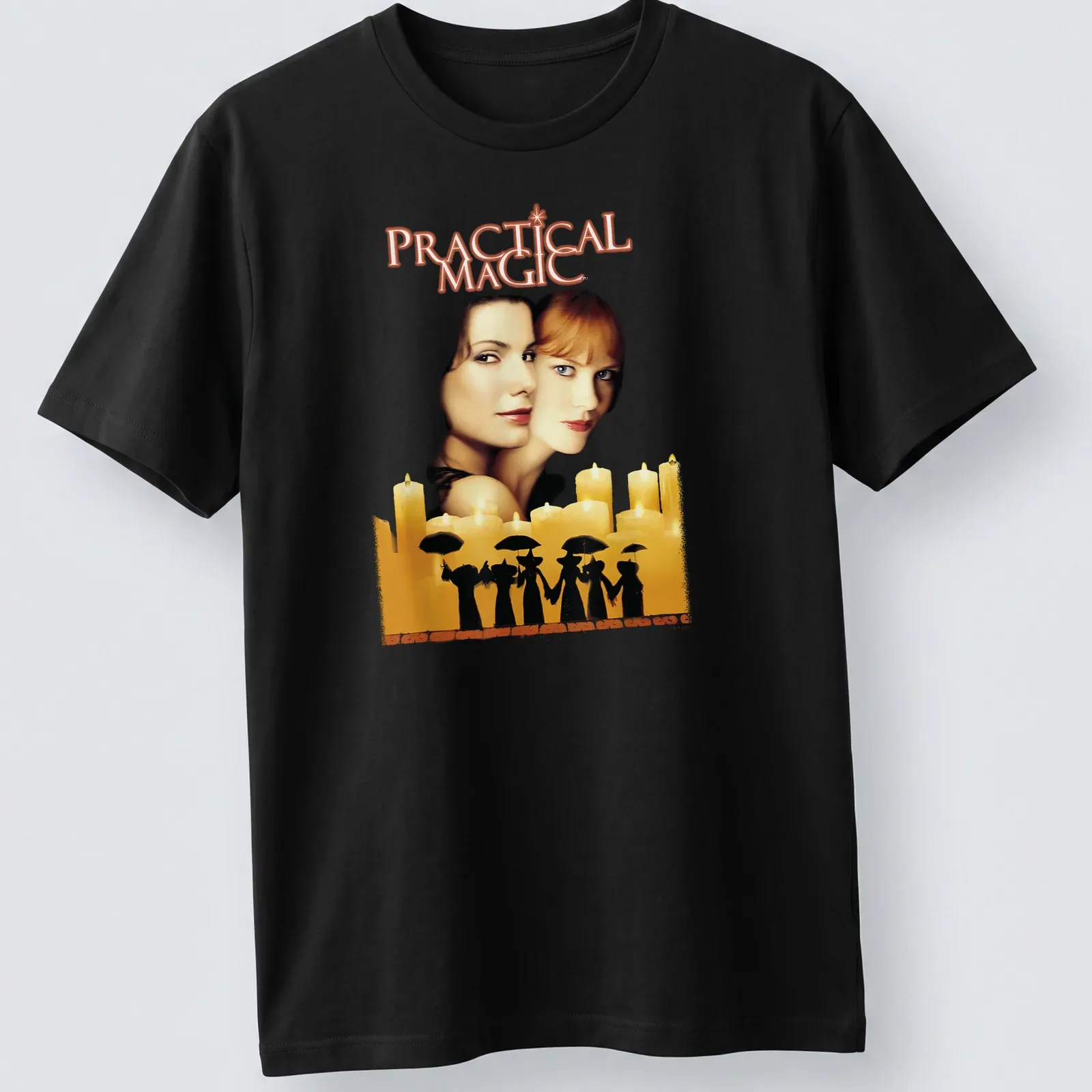 Illustration of Practical Magic movie cover with gold, black, brown, and white colors — printed on a unisex t-shirt