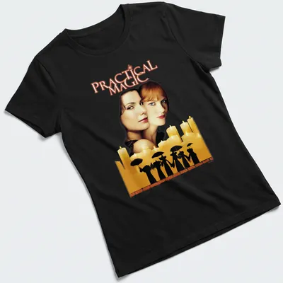 Illustration of Practical Magic movie cover with gold, black, brown, and white colors — printed on a women's shirt