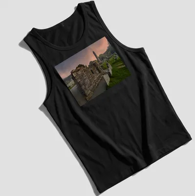 Photographic print of a ruined stone structure and round tower with vivid colors — printed on a tank top