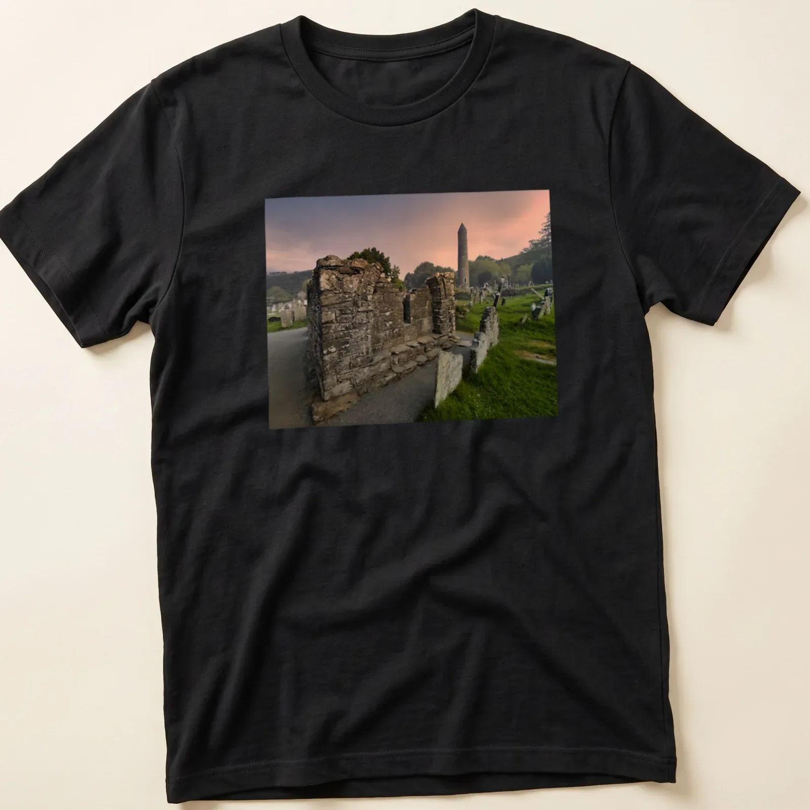Photographic print of a ruined stone structure and round tower with vivid colors — printed on a unisex t-shirt