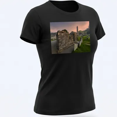 Photographic print of a ruined stone structure and round tower with vivid colors — printed on a women's shirt
