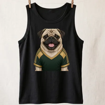 Realistic pug wearing a green and gold jersey with playful expression — printed on a tank top