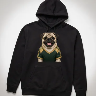Realistic pug wearing a green and gold jersey with playful expression — printed on a unisex hoodie