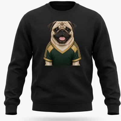 Realistic pug wearing a green and gold jersey with playful expression — printed on a unisex sweatshirt