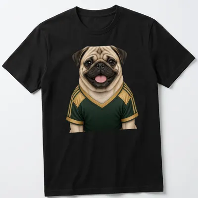 Realistic pug wearing a green and gold jersey with playful expression — printed on a unisex t-shirt