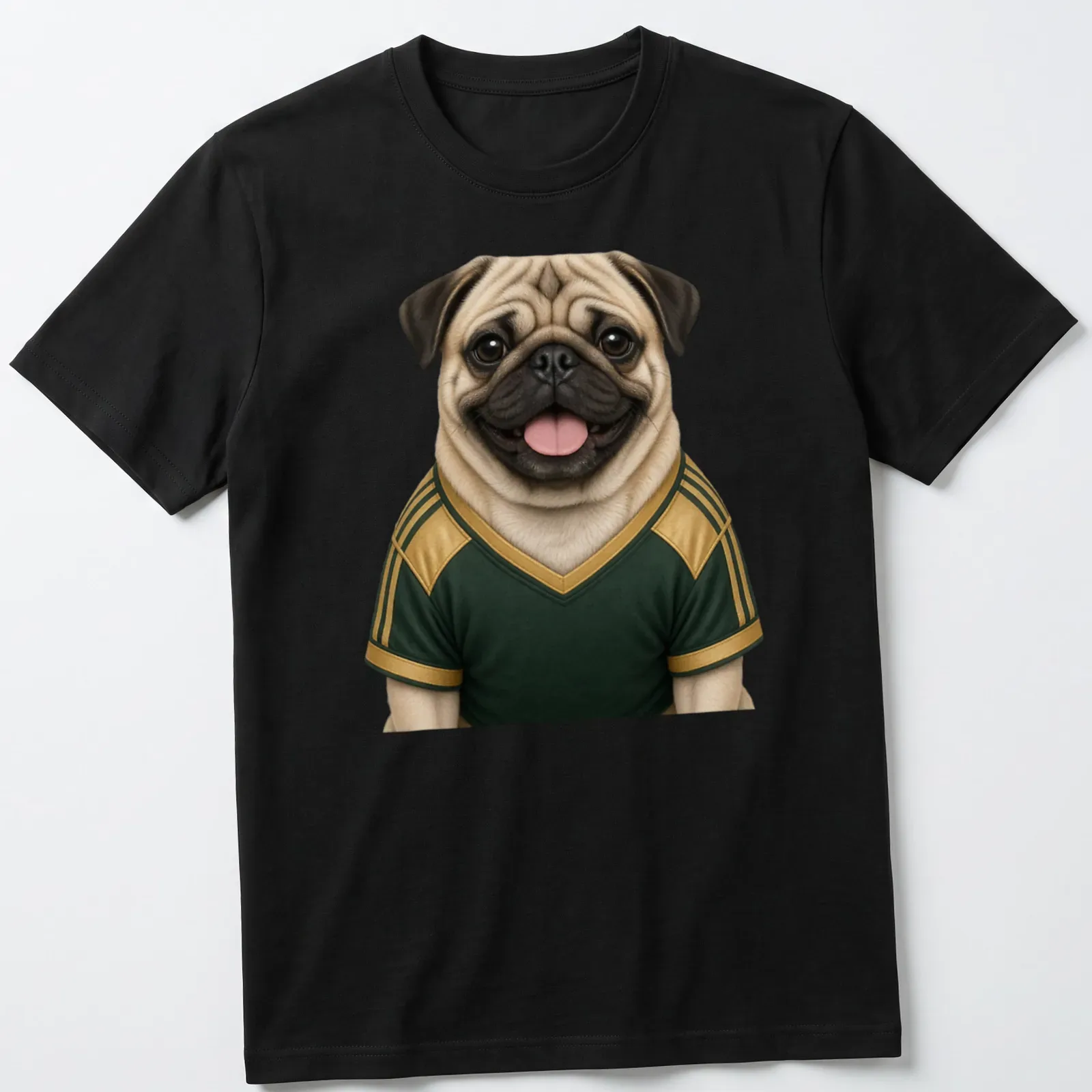 Realistic pug wearing a green and gold jersey with playful expression — printed on a unisex t-shirt