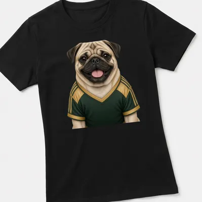 Realistic pug wearing a green and gold jersey with playful expression — printed on a women's shirt