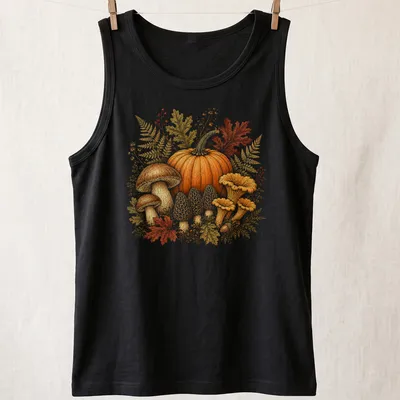 Vintage botanical print of pumpkins and mushrooms in autumn colors — printed on a tank top