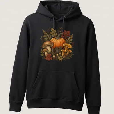 Vintage botanical print of pumpkins and mushrooms in autumn colors — printed on a unisex hoodie