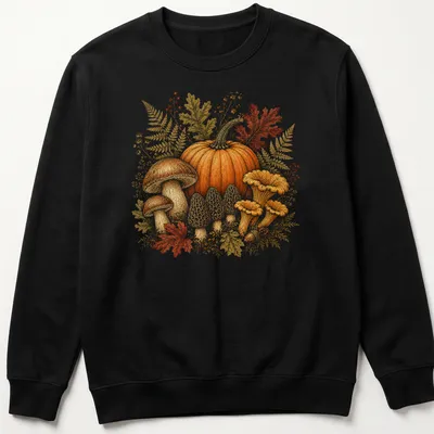 Vintage botanical print of pumpkins and mushrooms in autumn colors — printed on a unisex sweatshirt