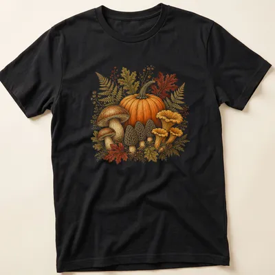 Vintage botanical print of pumpkins and mushrooms in autumn colors