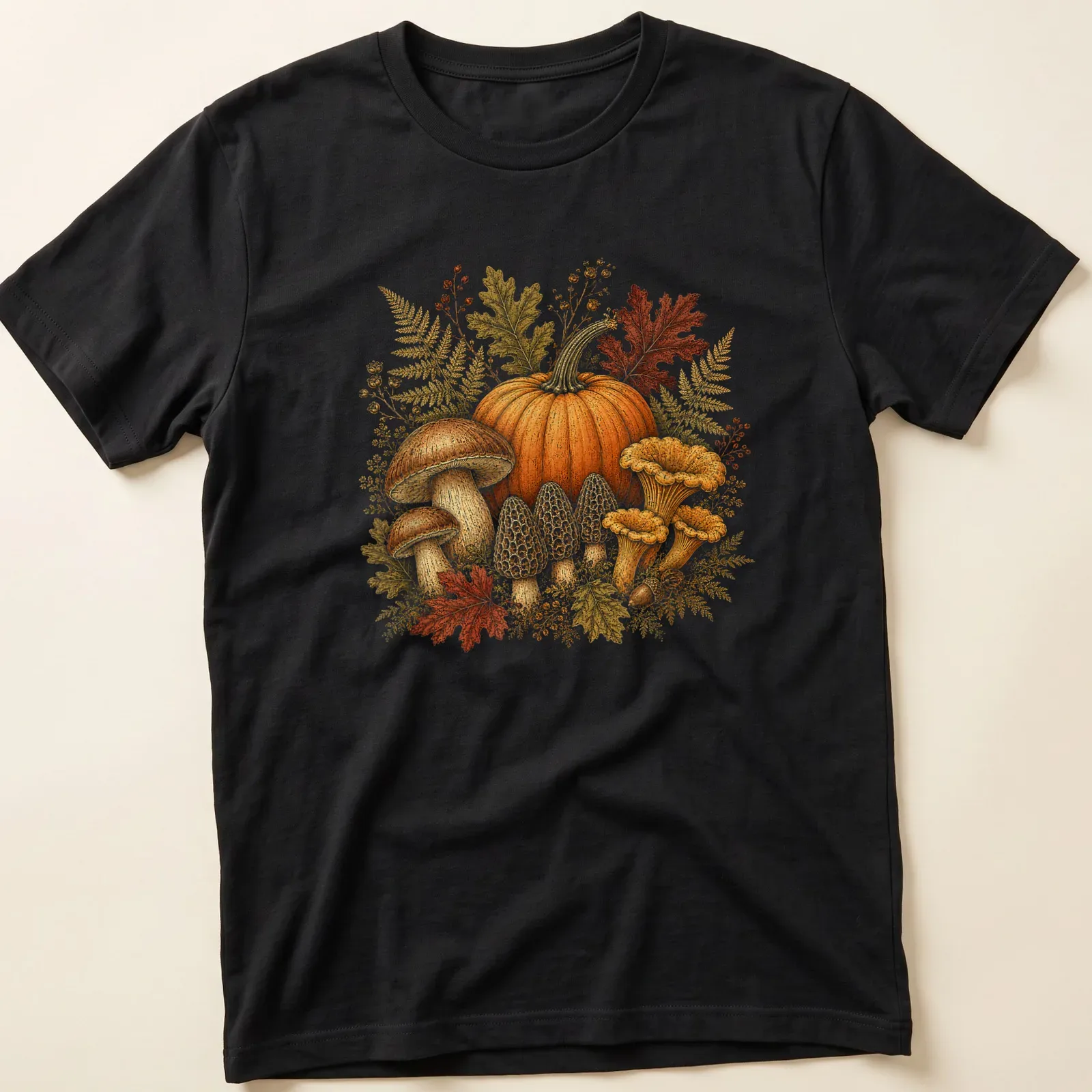 Vintage botanical print of pumpkins and mushrooms in autumn colors — printed on a unisex t-shirt