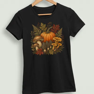 Vintage botanical print of pumpkins and mushrooms in autumn colors — printed on a women's shirt
