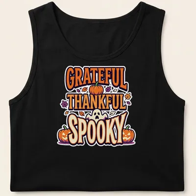 Playful cartoon graphic of pumpkins with 'GRATEFUL THANKFUL SPOOKY' text — printed on a tank top