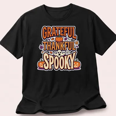 Playful cartoon graphic of pumpkins with 'GRATEFUL THANKFUL SPOOKY' text