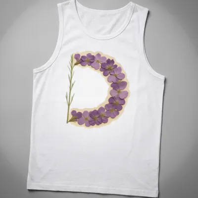Vintage pressed T-shirt featuring a floral letter D in purple, green, and beige — printed on a tank top